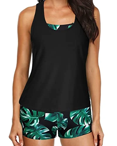 Weekend Deal Women's Tank Top Built-In Sports Bra & Mid Waist Boyleg Bottoms-Black Leaf Weekend Deal Women's Tank Top Built-In Sports Bra & Mid Waist Boyleg Bottoms-Black Leaf