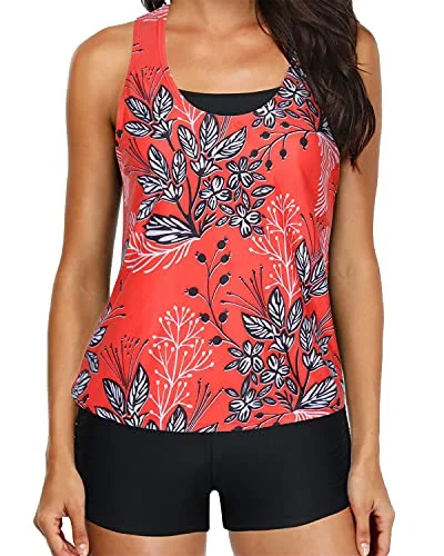 New Markdowns Athletic Tankini Tops Padded Bra And Boyshorts-Red Floral