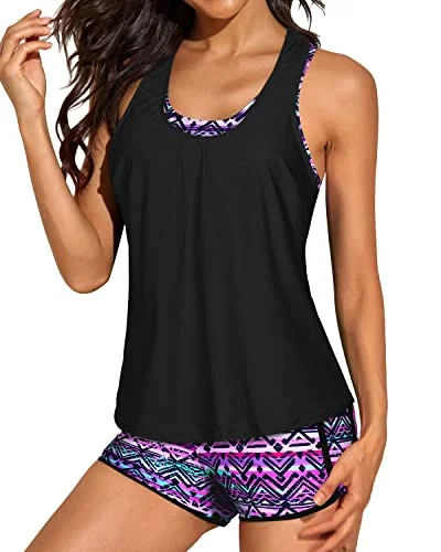 Exclusive Deal Women's 3-Piece Athletic Tankini Loose Tank Top And Padded Sports Bra-Black And Tribal Purple
