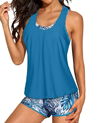 Women's Flattering 3-Piece Tankini Open Back & Racerback Sports Bra-Blue Leaf