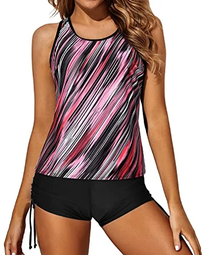 Crazy Deals Strappy Criss Cross Straps Tankini Swimsuits For Women-Black And Pink Stripes