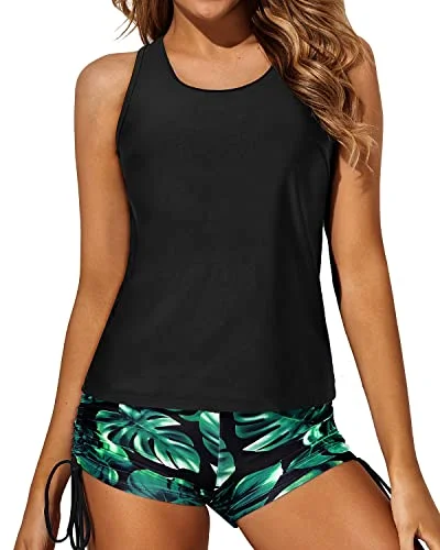 Final Markdown Women's Athletic Swimwear Tank Top Boy Shorts And Bra-Black Leaf