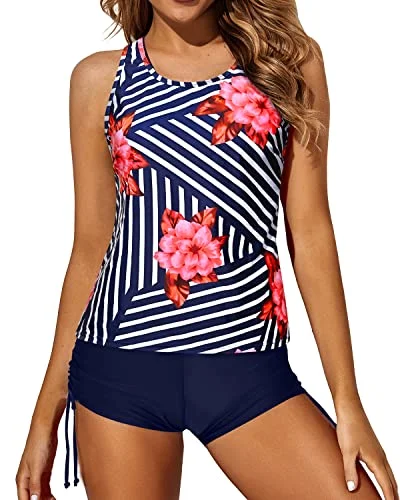 Hurry In 3 Piece Swimsuits Tankini Swim Tank Top Bathing Suits Boy Shorts And Bra-Blue Floral Hurry In 3 Piece Swimsuits Tankini Swim Tank Top Bathing Suits Boy Shorts And Bra-Blue Floral