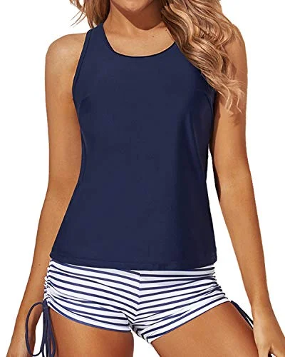 Extra Savings Women's O-Ring Detail Tankini Swimsuits Boy Shorts And Bra-Blue White Stripe Extra Savings Women's O-Ring Detail Tankini Swimsuits Boy Shorts And Bra-Blue White Stripe