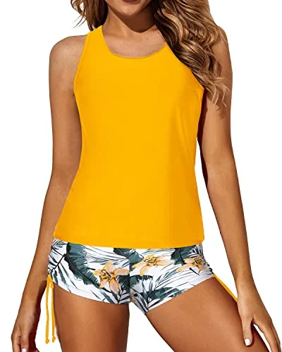 Price Drop Modest Tankini Top Boy Shorts & Bra Athletic 3 Piece Swimsuits-Yellow And Leaves Price Drop Modest Tankini Top Boy Shorts & Bra Athletic 3 Piece Swimsuits-Yellow And Leaves