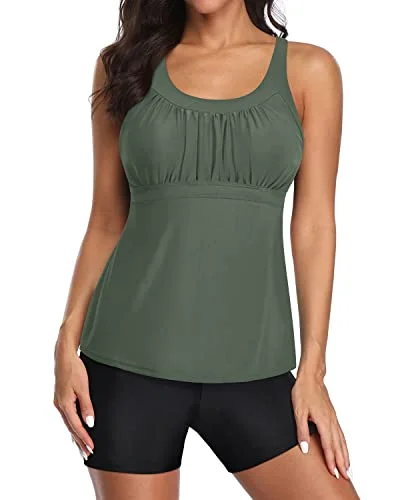 Act Now U Neck Swim Tank Top Racerback And Boyshort Swimwear For Women-Army Green And Black Act Now U Neck Swim Tank Top Racerback And Boyshort Swimwear For Women-Army Green And Black