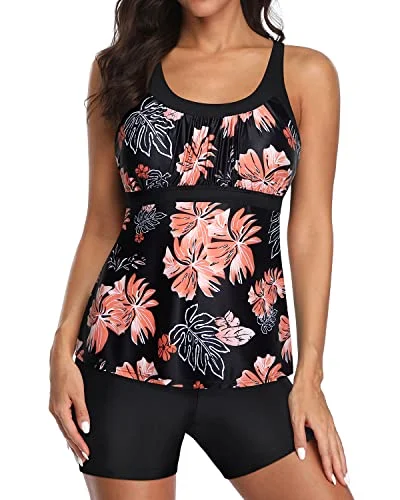 Can't Be Beat Athletic Racerback Tankini Swimsuits Boyshorts For Women-Black Orange Floral Can't Be Beat Athletic Racerback Tankini Swimsuits Boyshorts For Women-Black Orange Floral