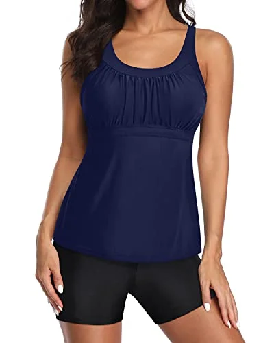 Today’s Deal Criss Cross Detail Two Piece Tankini Bathing Suits For Women-Navy Blue