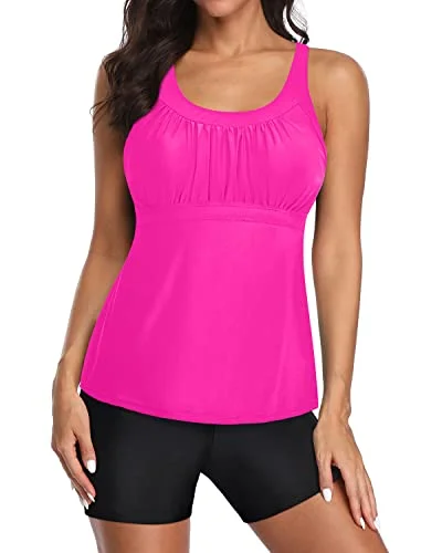 YEAR-End Sale U Neck Swim Tank Top Athletic Tankini Swimsuits And Boyshorts Swimwear-Neon Pink And Black