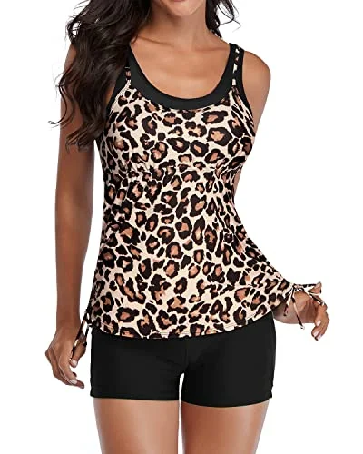 Online Exclusive Women's Slimming Two Piece Tankini Swimsuits Shorts-Black And Leopard Online Exclusive Women's Slimming Two Piece Tankini Swimsuits Shorts-Black And Leopard