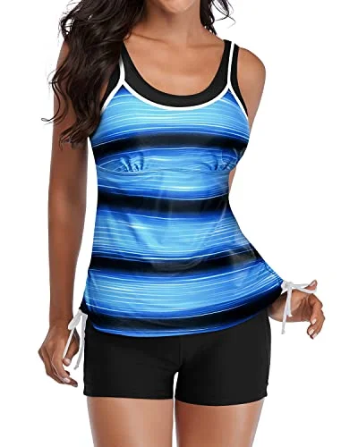 Price Slash Slimming Swimwear Adjustable Shoulder Straps 2 Piece Tankini Swimsuits-Blue And Black Stripe