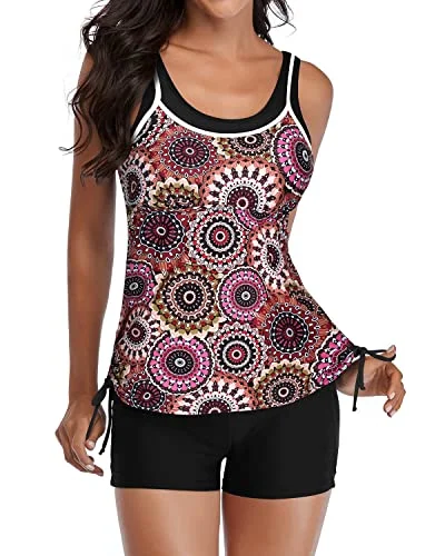 Limited Edition Swim Top Drawstring Boyshorts 2 Piece Tankini Swimsuits-Brown Print
