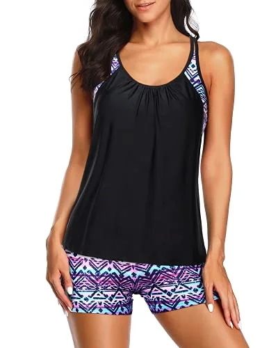 Discount Mania Women Two-Piece Tankini Swimsuits Athletic Swim Tank Top Boy Shorts-Black And Tribal Purple Discount Mania Women Two-Piece Tankini Swimsuits Athletic Swim Tank Top Boy Shorts-Black And Tribal Purple