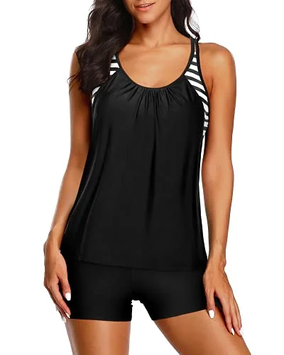 Limited Time Layered Tankini Top Boy Shorts Casual Tankini Set-Black