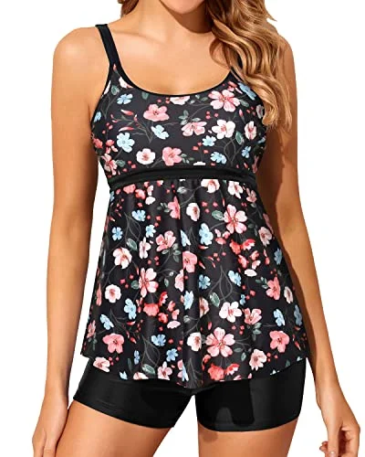 Bargain Bin Modest Tankini Swimsuits For Women Two Piece Bathing Suits Boy Shorts-Black Floral Bargain Bin Modest Tankini Swimsuits For Women Two Piece Bathing Suits Boy Shorts-Black Floral