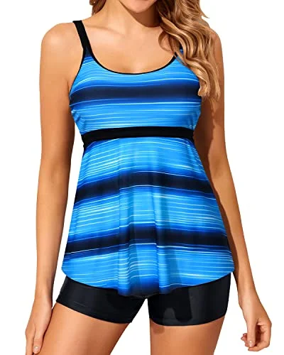 Inventory Reduction U Neck Tankini Swimsuits For Women 2 Piece Bathing Suits Boy Shorts-Blue And Black Stripe Inventory Reduction U Neck Tankini Swimsuits For Women 2 Piece Bathing Suits Boy Shorts-Blue And Black Stripe