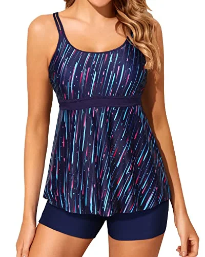 Referral Discount Two Piece Modest Tankini Swimsuits For Women Boy Shorts-Navy Blue