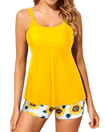 Midnight Sale U Neck Two Piece Tankini Bathing Suits For Women Boy Shorts Modest Swimwear-Yellow And Sunflower Midnight Sale U Neck Two Piece Tankini Bathing Suits For Women Boy Shorts Modest Swimwear-Yellow And Sunflower