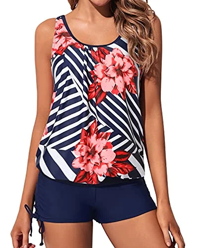 Super Sale Comfortable Two Piece Blouson Tankini Swimsuits For Women-Blue Floral