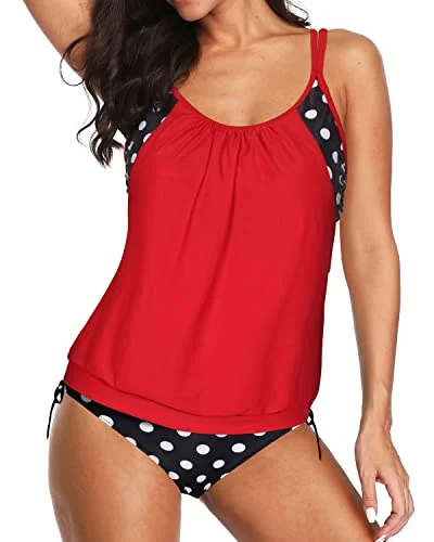 Weekend Special Deep Cut Sides Blouson Tankini Swimsuits For Women-Black Dot