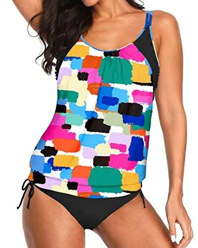 Price Drop Women's Adjustable Tie Side Shorts 2 Piece Blouson Tankini-Color Tie Dye