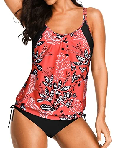 Seasonal Sale Athletic Two Piece Blouson Tankini Swim Tops Bikini Bottoms-Red Floral Seasonal Sale Athletic Two Piece Blouson Tankini Swim Tops Bikini Bottoms-Red Floral