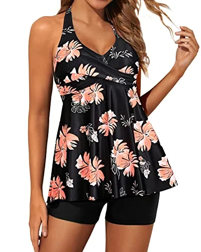 Low Prices Adjustable Self-Tie Tankini Swimsuits For Women Shorts-Black Orange Floral Low Prices Adjustable Self-Tie Tankini Swimsuits For Women Shorts-Black Orange Floral