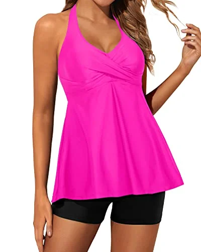Instant Discount Open Back Detail Tankini Swimsuits For Women Shorts-Neon Pink And Black