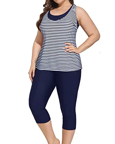 Special Promotion Plus Size Tankini Swimsuits Sports Bra And Swim Capris For Women-Blue White Stripe Special Promotion Plus Size Tankini Swimsuits Sports Bra And Swim Capris For Women-Blue White Stripe