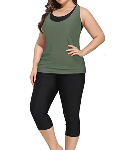 Limited Quantity Rash Guard Swimsuits Capris For Women-Green Black
