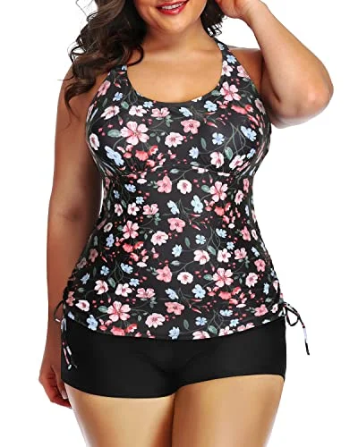 Huge Discounts Athletic Two Piece Swimwear Shorts For Plus Size-Black And Pink Floral Huge Discounts Athletic Two Piece Swimwear Shorts For Plus Size-Black And Pink Floral