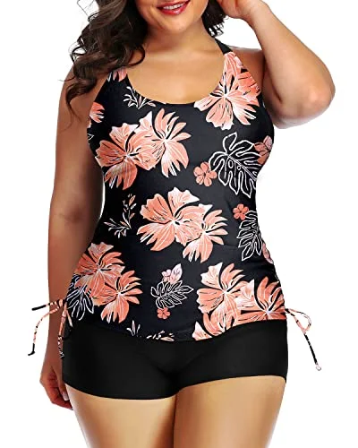 Low Prices Full Coverage Plus Size Bathing Suit For Women Two Piece Ruched Swimsuit-Black Orange Floral Low Prices Full Coverage Plus Size Bathing Suit For Women Two Piece Ruched Swimsuit-Black Orange Floral