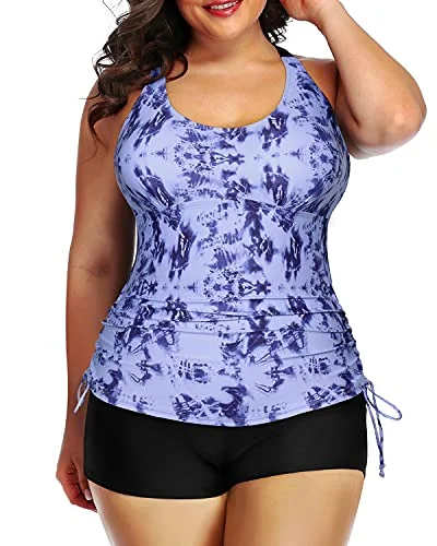 Don't Wait Push Up Bra Tighten Drawstring Pleated Hem Strappy Tankini-Blue Tie Dye