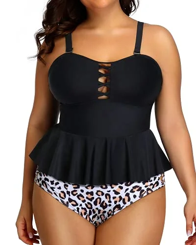 Bonus Savings Lace Up Modest Coverage Plus Size Swimsuits For Women-Black And Leopard Bonus Savings Lace Up Modest Coverage Plus Size Swimsuits For Women-Black And Leopard