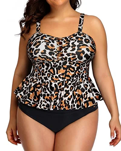 Savings Spectacular Peplum Tankini Tops High Waisted Swimwear For Women-Black And Leopard