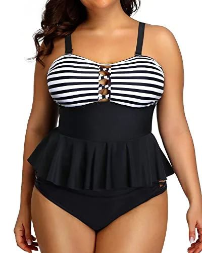 Price Drop Alert Plus Size Lace Up Tummy Control Tankini Swimsuits For Women-Black And White Stripe Price Drop Alert Plus Size Lace Up Tummy Control Tankini Swimsuits For Women-Black And White Stripe