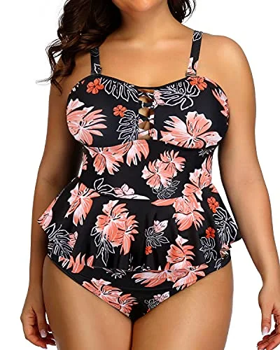 Savings Alert Plus Size Peplum Tankini Tops High Waisted Swimwear-Black Orange Floral Savings Alert Plus Size Peplum Tankini Tops High Waisted Swimwear-Black Orange Floral