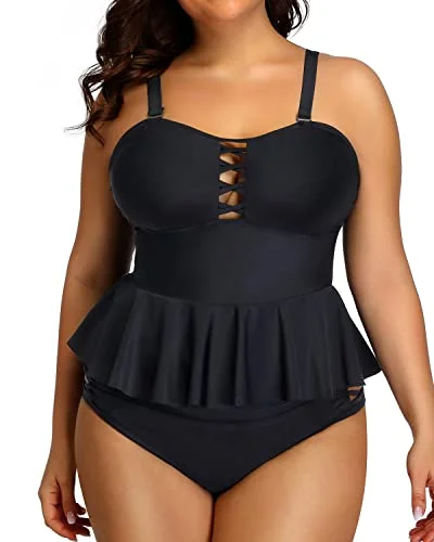 Deal Dash Tummy Control Two Piece Swimsuits Plus Size Swimsuits For Women-Black