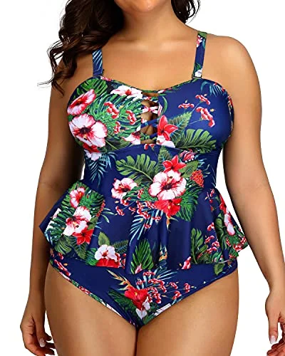 Closeout Criss Cross Design Plus Size Swimsuits For Women-Blue Floral