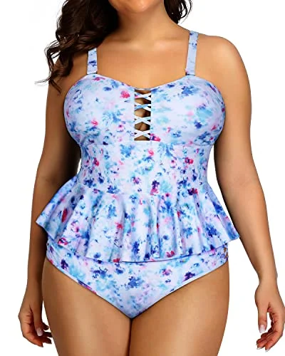 Overstock Sale Lace Up Peplum Tankini Tops High Waisted Swimwear For Women-Blue Tie Dye Overstock Sale Lace Up Peplum Tankini Tops High Waisted Swimwear For Women-Blue Tie Dye