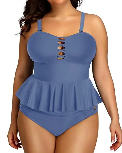 Price Fest Women's Vintage Ruffle Tankini Swimsuit Top Lace Strappy Sides-Blue