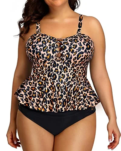 Price Buster Retro Ruffle Tankini Tops Lace Strappy Sides Bikini Bottoms For Women-Brown Leopard