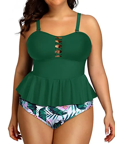 Price Break Women's Criss Cross Two Piece Swimsuit Removable Straps-Green Tropical Floral Price Break Women's Criss Cross Two Piece Swimsuit Removable Straps-Green Tropical Floral