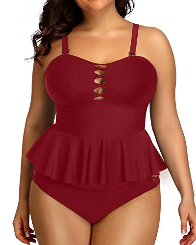 Deal Zone Plus Size Peplum Tankinis Tummy Control And High Waisted Bikini Bottoms-Maroon Deal Zone Plus Size Peplum Tankinis Tummy Control And High Waisted Bikini Bottoms-Maroon