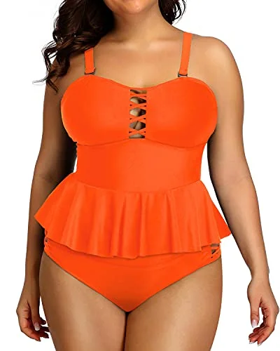 Deal Frenzy Lace Up Built In Padded Bra Plus Size Bathing Suits For Women-Neon Orange Deal Frenzy Lace Up Built In Padded Bra Plus Size Bathing Suits For Women-Neon Orange