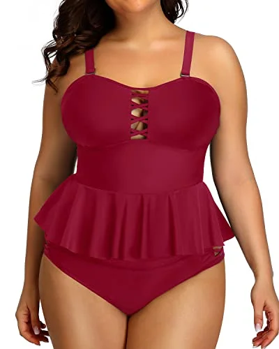 Warehouse Sale Lace Up Two Piece Bathing Suits For Women Tummy Control-Red