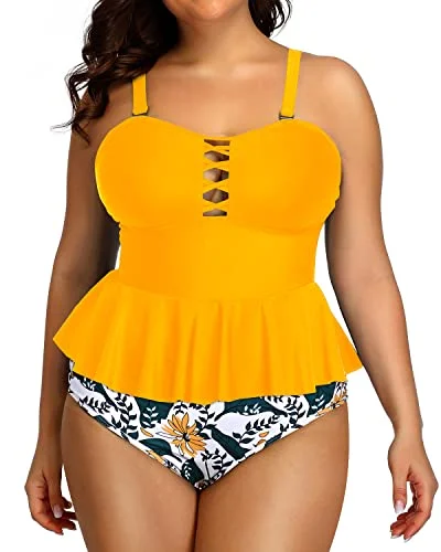 Seasonal Clearance Lace Up Modest Coverage And Support Swimsuits For Women-Yellow Floral Seasonal Clearance Lace Up Modest Coverage And Support Swimsuits For Women-Yellow Floral