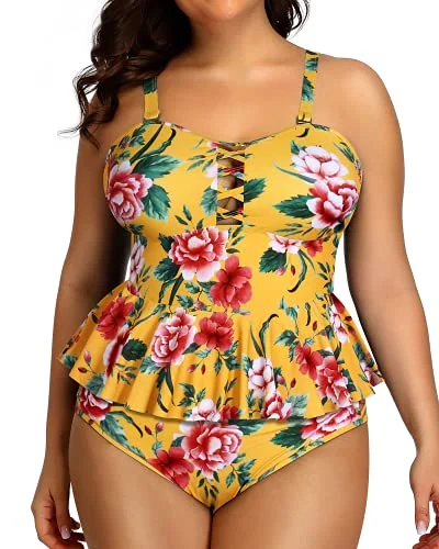 Limited Time Discount Lace Up Retro Ruffle Tankini Tops Lace Strappy Sides Bikini Bottoms-Yellow Floral Limited Time Discount Lace Up Retro Ruffle Tankini Tops Lace Strappy Sides Bikini Bottoms-Yellow Floral