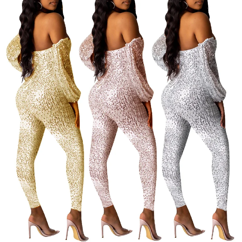 Time-Limited Offer 2022 bodycon off the shoulder one piece jumpsuits shiny strapless sequin jumpsuit women