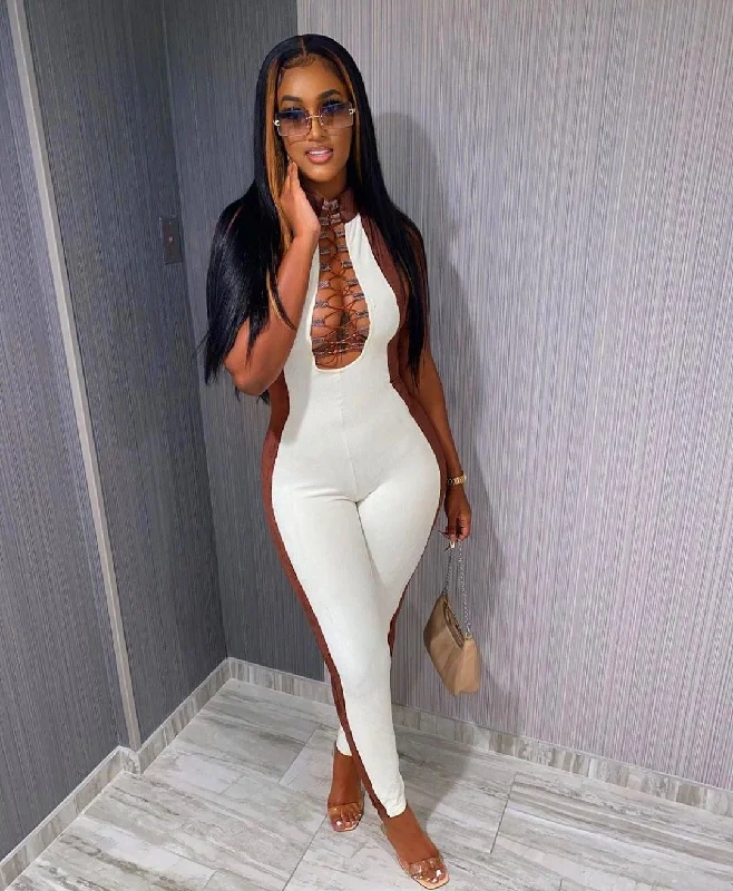 Instant Discount 2022 fall hollow out jumpsuits brown sleeveless halter one piece jumpsuit women 2022